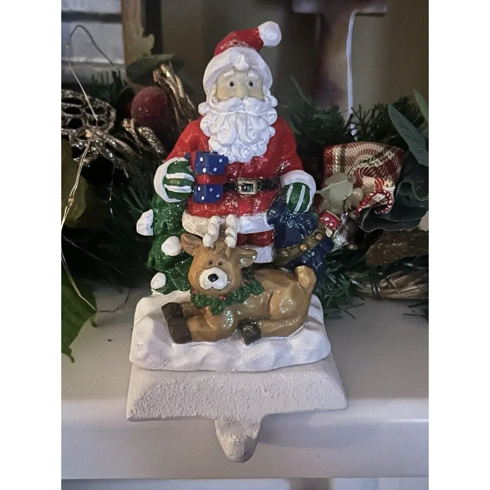 Santa Claus Christmas Stocking Hanger Holder w/Reindeer Holiday Mantel Decor